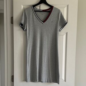 Tommy Hilfiger Grey V-Neck Tee Dress with Red, White & Navy Trim